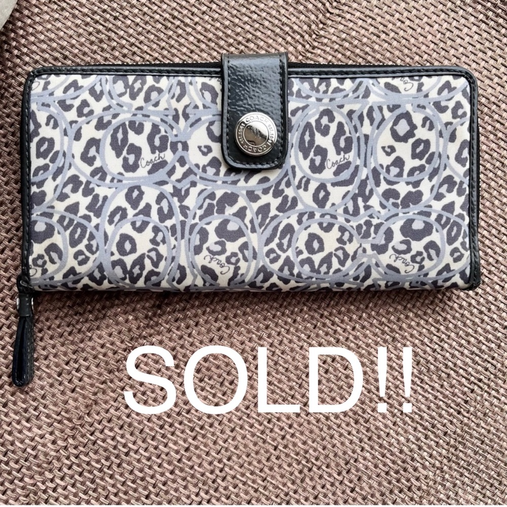Coach Leopard Print Leather/Fabric Zip Around Wallet